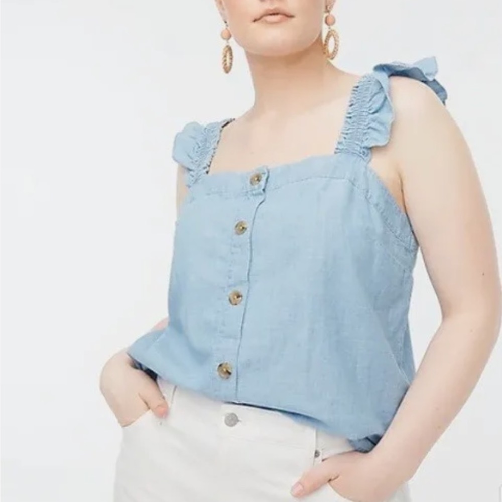 J crew chambray button front ruffle sleeve tank